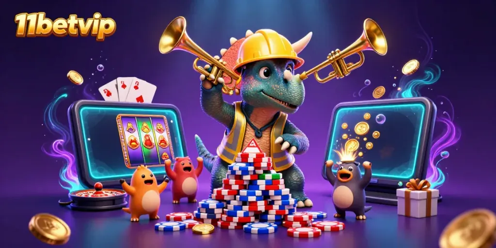 Experience thrilling gaming moments with 11betvip as a joyful triceratops builds poker chip tower.