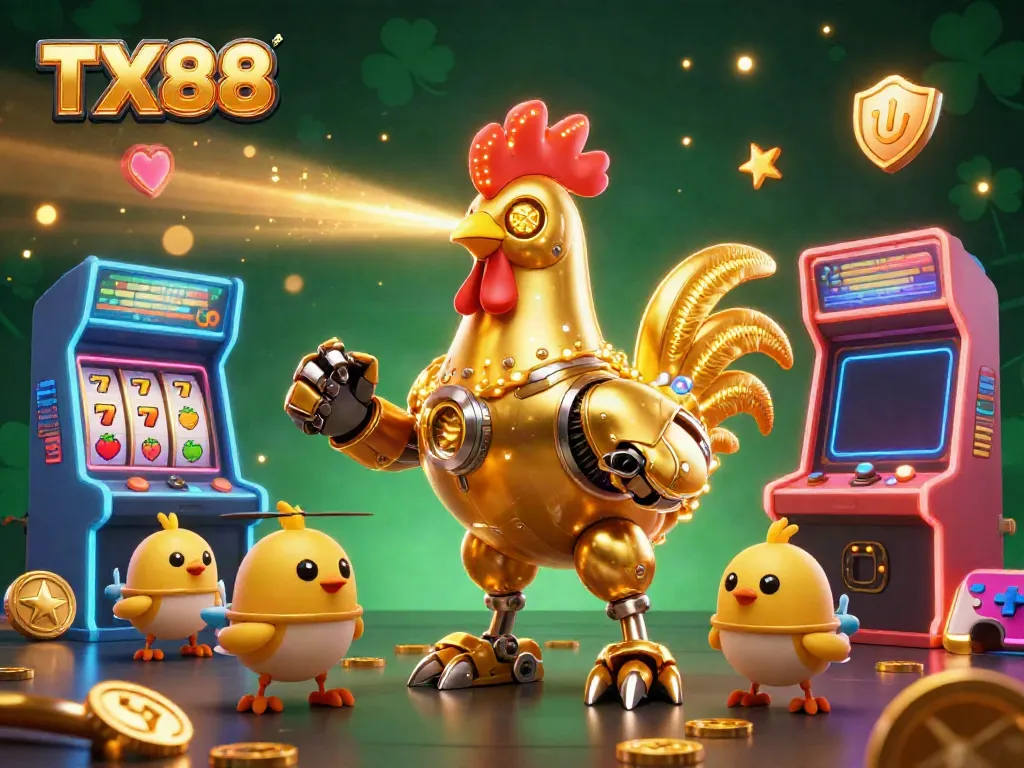 Engage with TX88's thrilling gaming adventure featuring a golden rooster robot and arcade action.