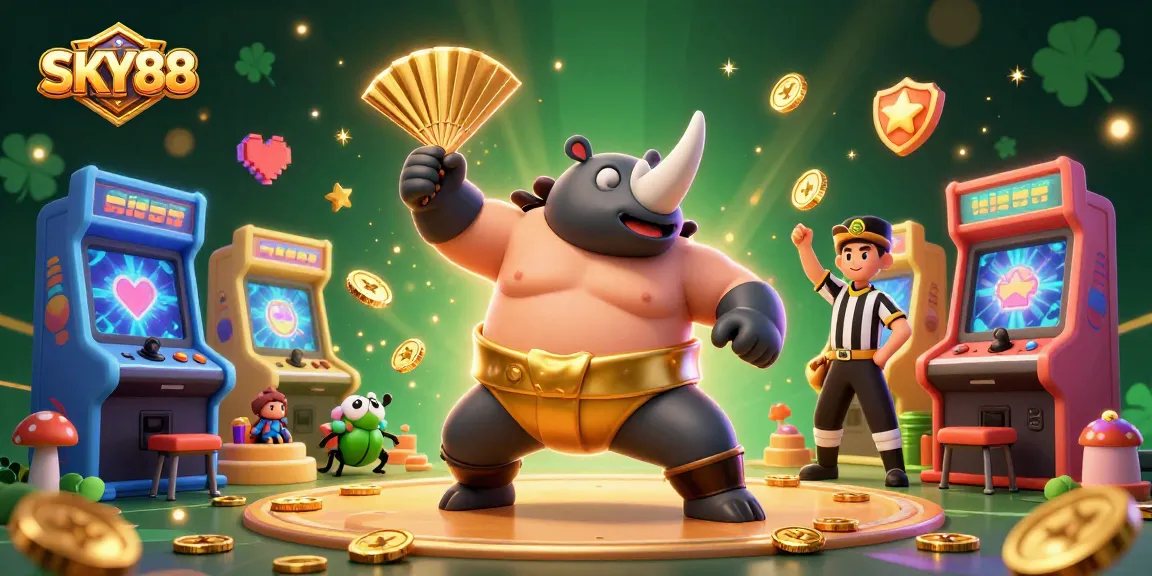 Experience thrilling moments at SKY88 casino with a dynamic illustration of a sumo champion beetle surrounded by vibrant gaming elements.