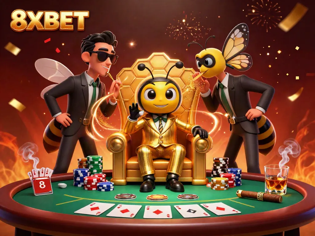 Experience the thrill of 8XBET with a bumblebee boss in a dynamic casino scene.
