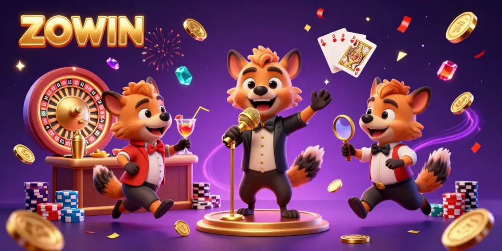 ZOWIN hyena comedians performing in a lively casino club with vibrant gameplay elements.