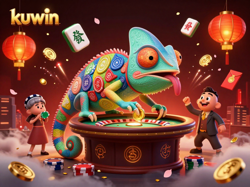 kuwin chameleon casino owner captures golden coins in vibrant 3D casino scene