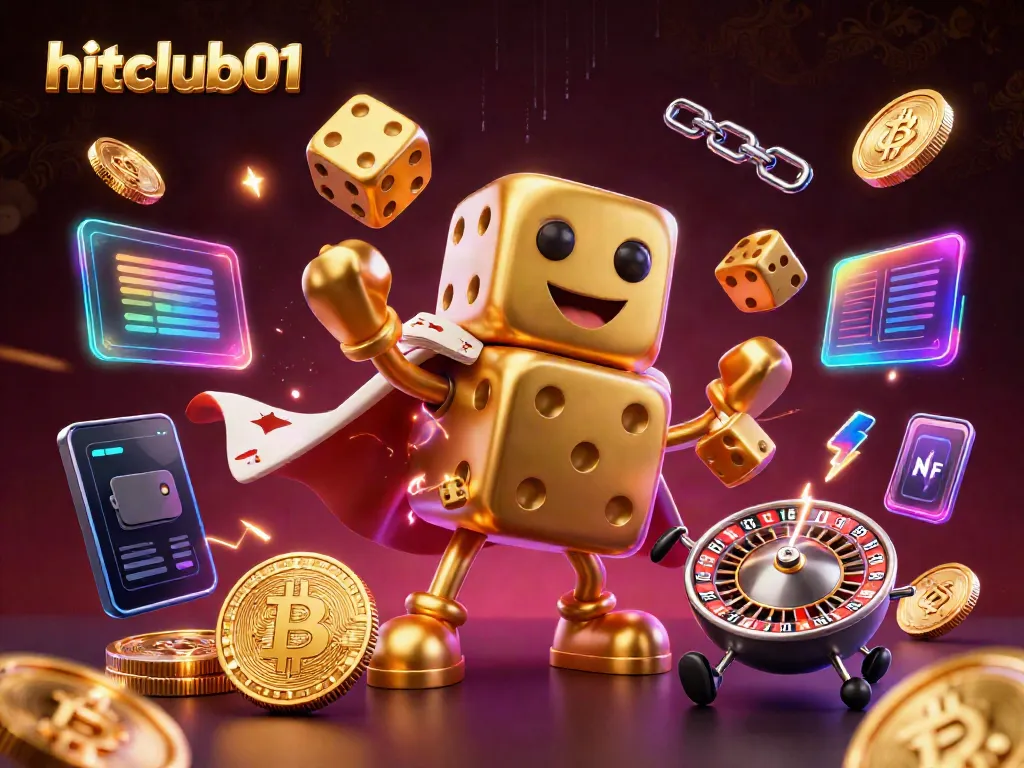 Engage with hitclub01's lively casino scene featuring a golden dice golem, animated crypto elements, and vibrant visuals.