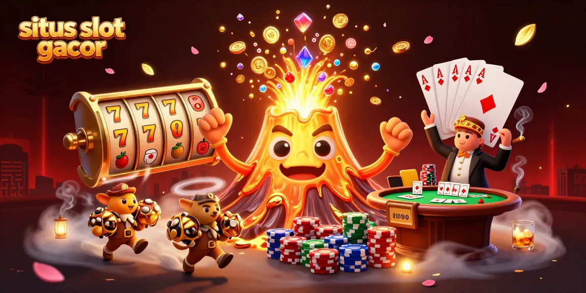 Menggali situs slot gacor dengan ilustrasi luar biasa sambil dikelilingi simbol jackpot dan slot reel.