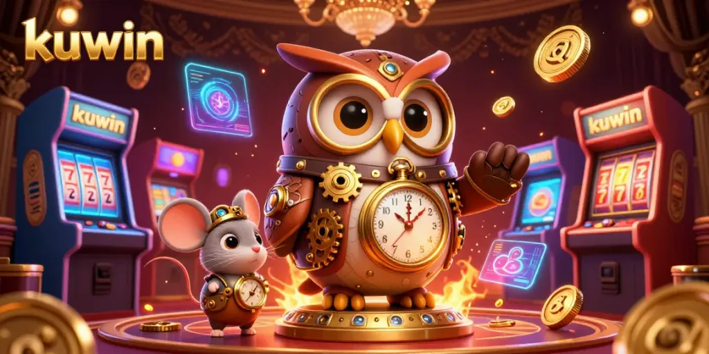 Kuwin's vibrant 3D casino adventure showcases slot reels and steampunk characters in action.