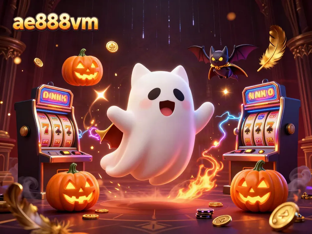 Engage with ae888vm's haunted casino as a ghost cat and bat explore glowing slot machines.
