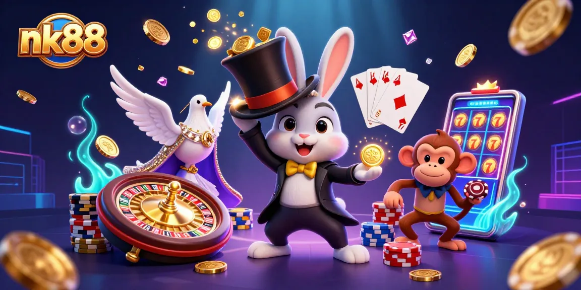 Experience the thrill of nk88 with a magician rabbit pulling coins amidst dazzling casino elements.