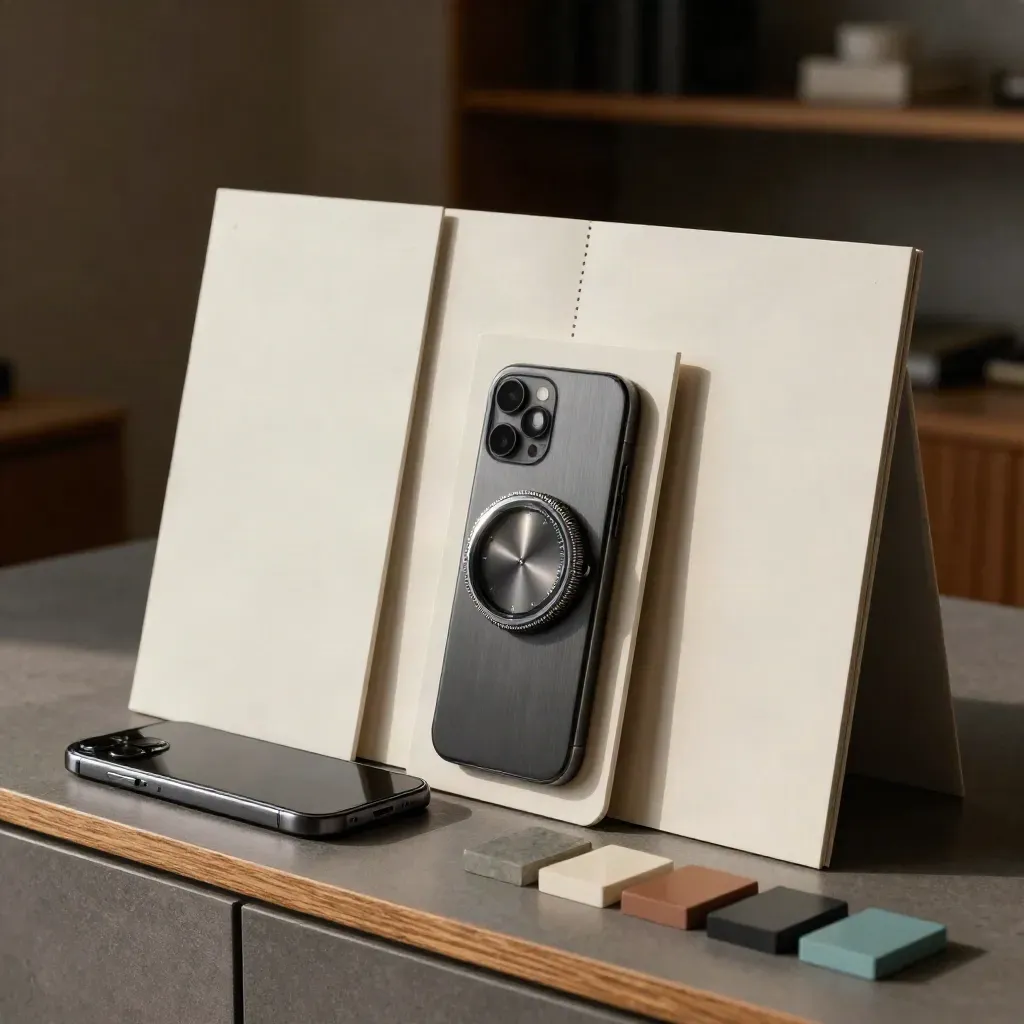 Twee advertentieboards, een telefoon en kleurstalen op een graphite console in warm daglicht.