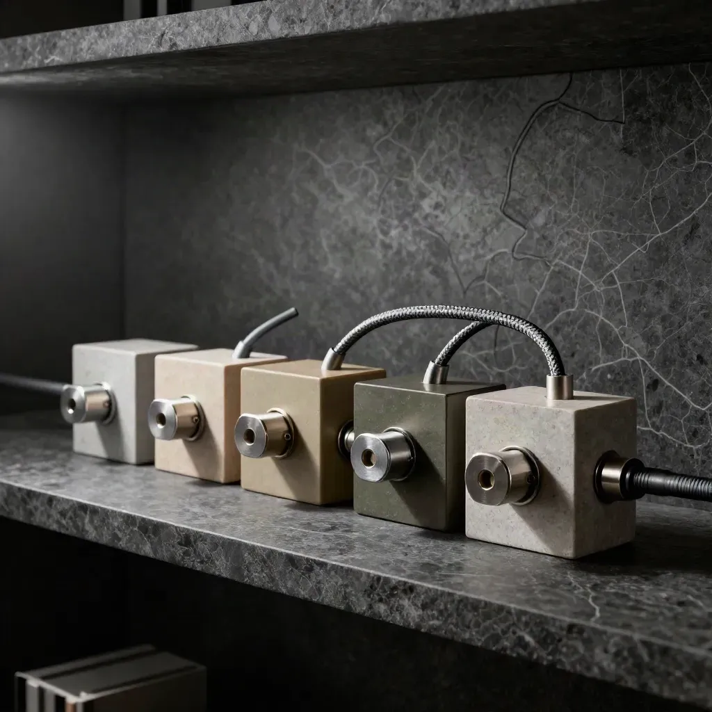 Modulaire CRM-blokken en kabel­lussen op een donkere stenen plank, sfeervol en strak geordend.