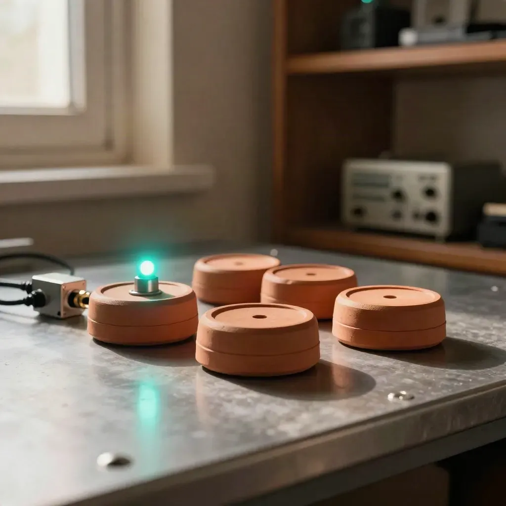 Sensorpucks en een statuslampje op metaal, warm en zacht uitgelicht in een techhoek.