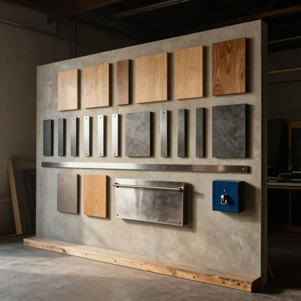 Materiaalstalen, een quote-tray en sleutelbox in een donkere werkplaats met stoflicht.