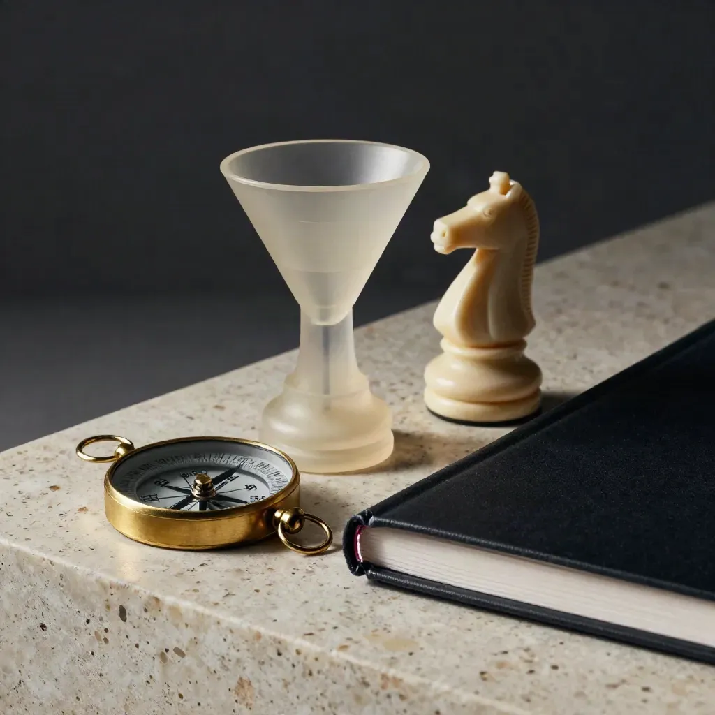Brass strategiekompas, funnelmodel, schaakpaard en zwart notitieboek op travertijn in dramatisch licht.