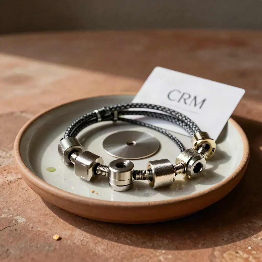 CRM-pucks en kabelrondjes op een terracotta schaal, zacht uitgelicht.
