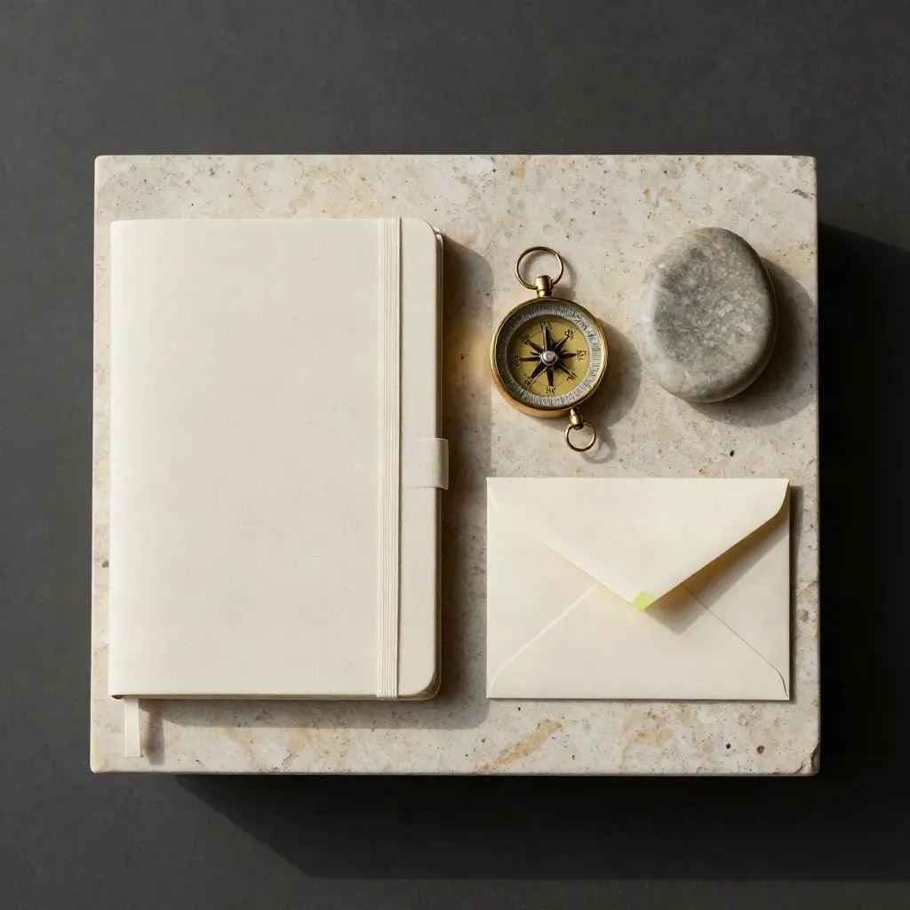 Bovenaanzicht van een intake-kit met notitieboek, kompas, steen en envelop op een lichte steenplaat.