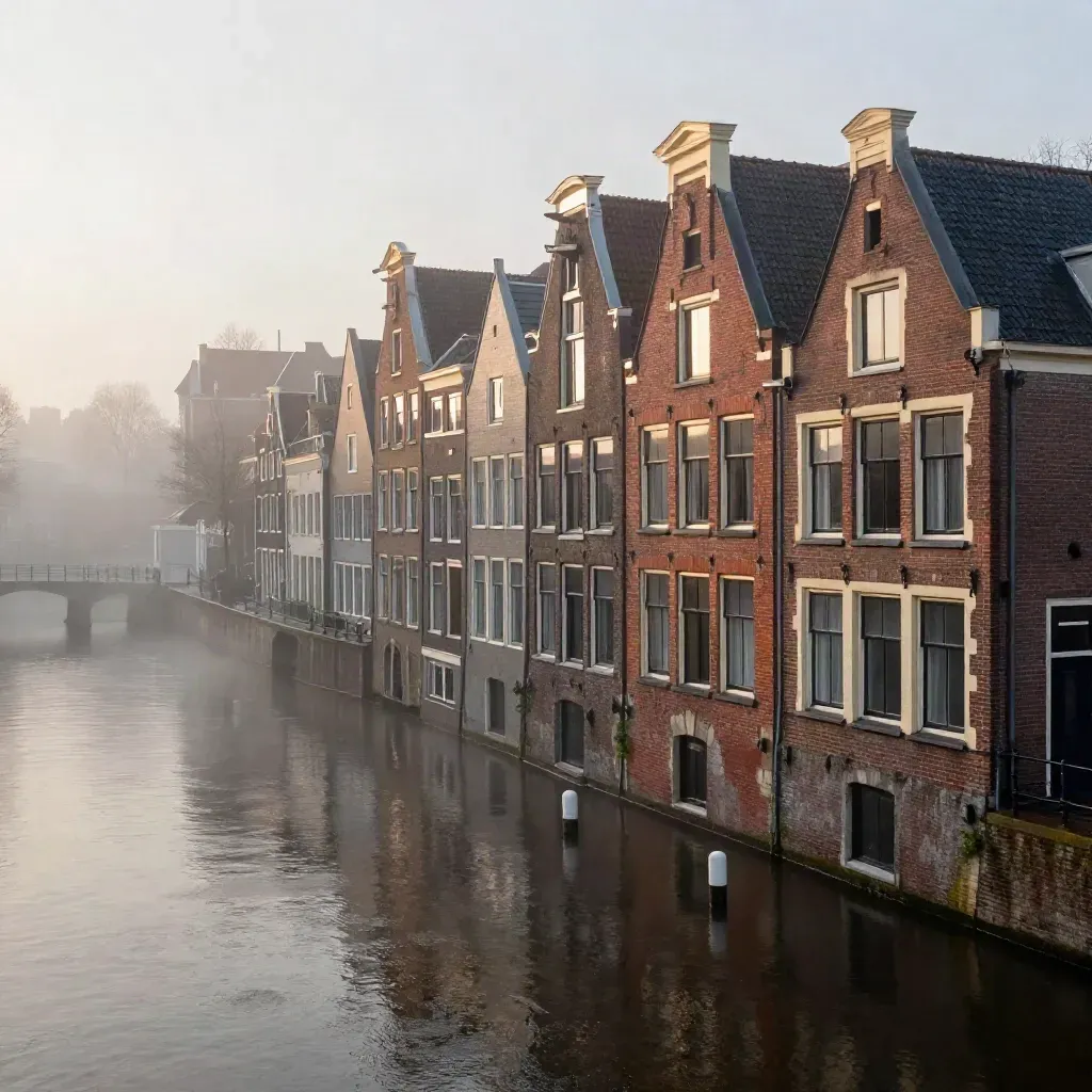 Amsterdamse gracht in ochtendmist met brug, gevels en rustig water.