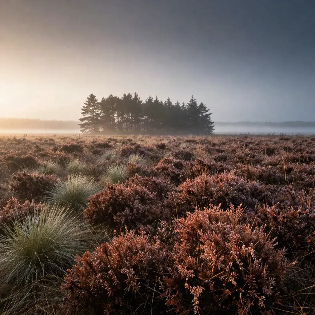 Mistige heide bij Eindhoven bij zonsopkomst, met dennen op de horizon.