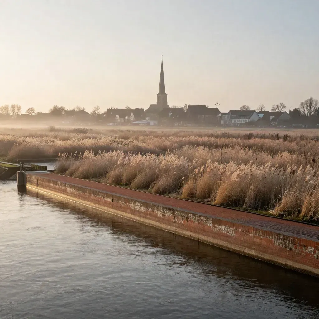 De IJssel bij Deventer met torenspits, riet en warme avondmist boven het water.