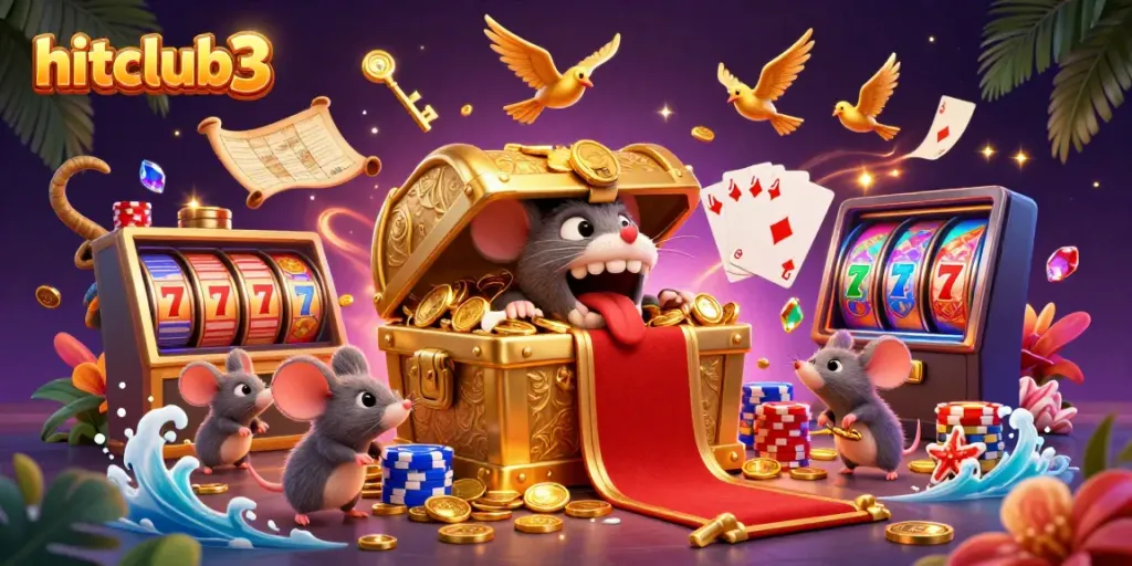 Win exciting rewards at hitclub3 while encountering a golden treasure chest amidst dazzling casino elements.