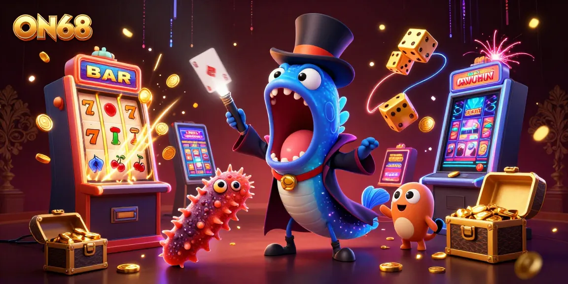 ON68 showcases an enchanting scene with glowing sea creatures and vibrant casino elements in a magic act.