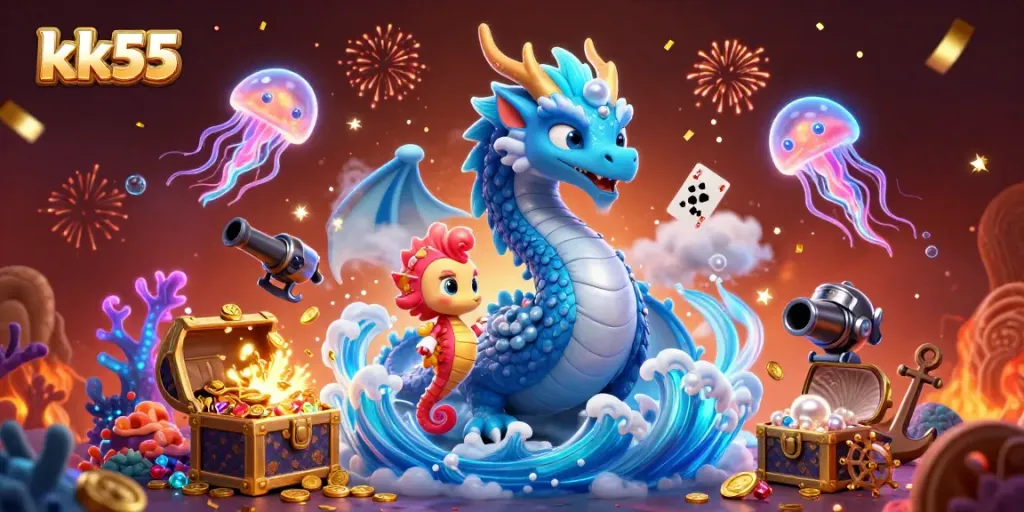 Engage in thrilling gameplay at kk55, featuring an azure dragon and coral armor knight surrounded by treasures and adventure.