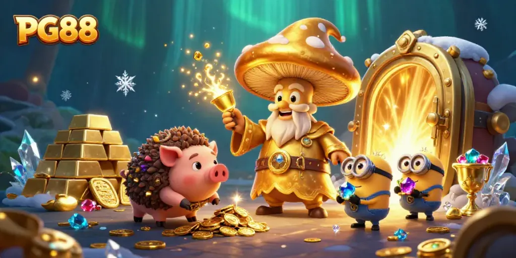 Experience the PG88 magical world of gaming with vibrant golden treasures and whimsical characters.