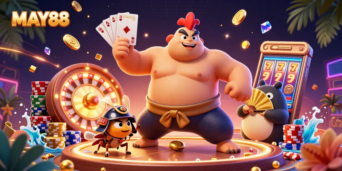 MAY88's vibrant scene showcases a powerful sumo rooster, a fierce samurai cricket, and tanuki announcer in a dynamic casino setting.