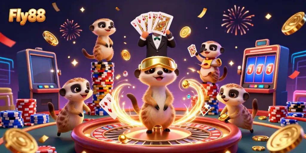 Experience the excitement at Fly88 with interactive meerkats highlighting the casino action.