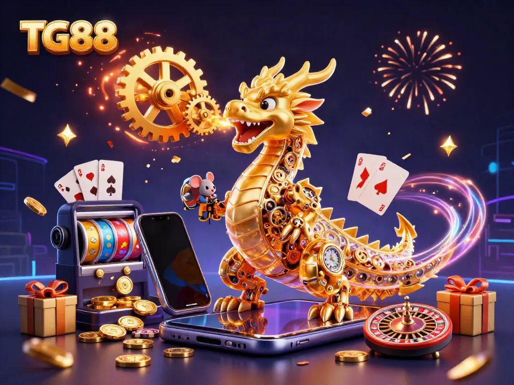 Engage with TG88, where a golden dragon showcases a thrilling casino atmosphere with animated gaming elements and festive effects.