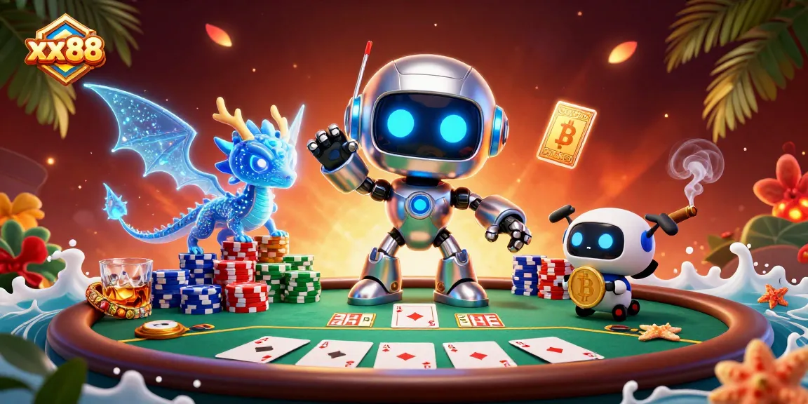Experience high-stakes action at xx 88 with a vivid poker scene featuring a cyberpunk robot and holographic dragon.