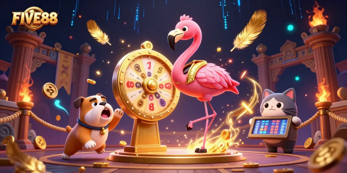 Experience the excitement of FIVE88 with a game show ambiance featuring vibrant characters and dynamic casino elements.