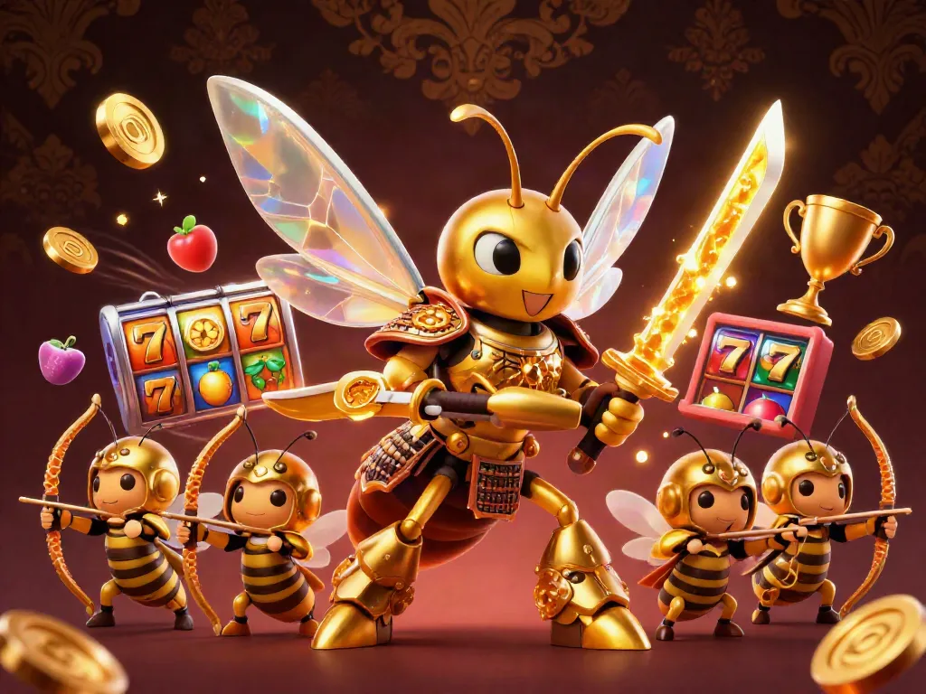Engage in the excitement of go8 com with a vibrant 3D illustration of a golden hornet samurai among casino elements.
