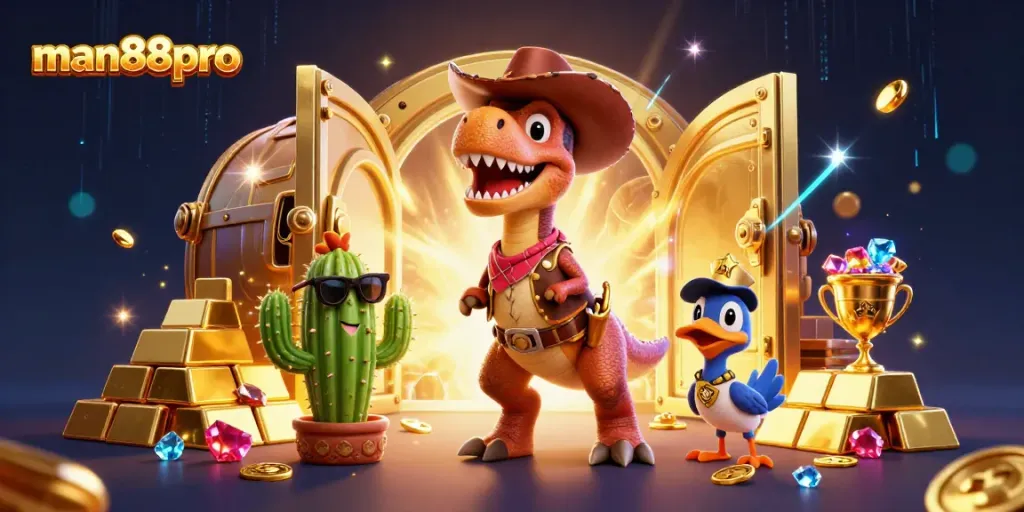 Engage in thrilling gameplay at man88pro with a cartoon T-Rex and casino treasures!