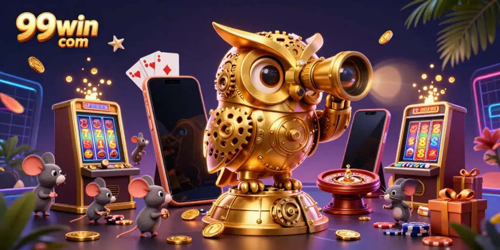 Engage with exciting casino action at 99win com, featuring a whimsical clockwork owl amidst vibrant gaming elements.