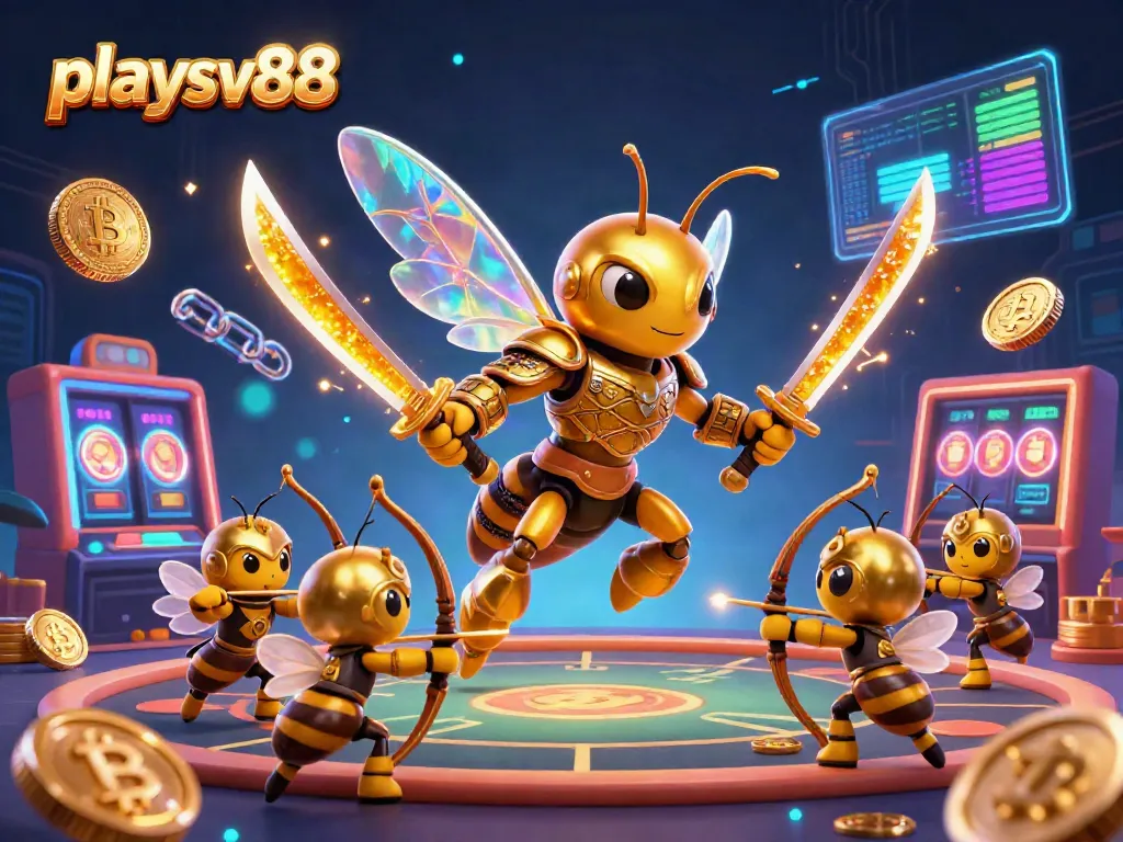 Engage in thrilling play at playsv88 with a vivid casino scene featuring enchanting characters and cryptocurrency elements.