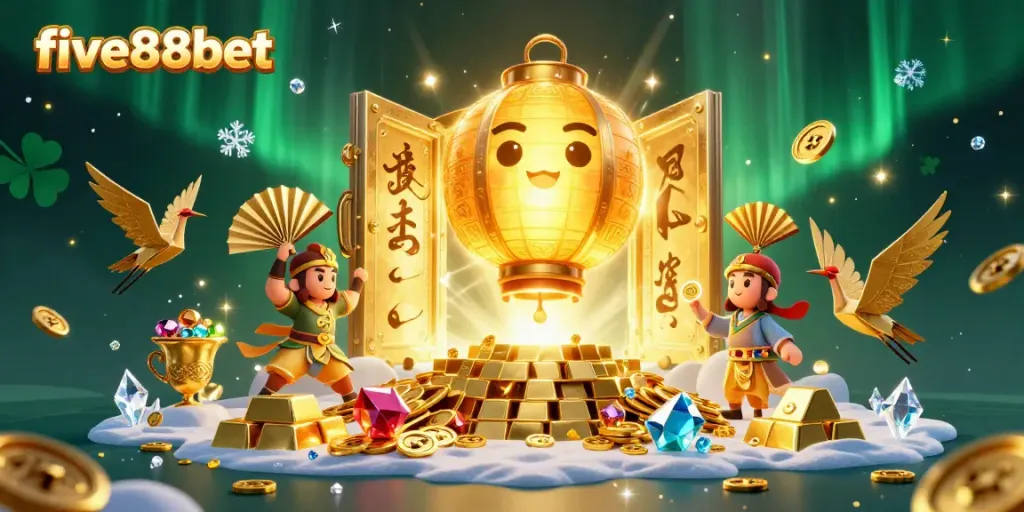 Spin the reels at five88bet's vibrant casino, illuminated by golden treasures and dynamic characters.