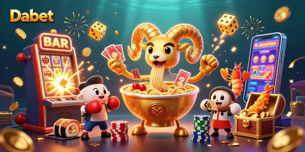 Dabet engages players at an exciting casino scene with a golden ramen bowl character, lively sushi dealers, and jackpot action.