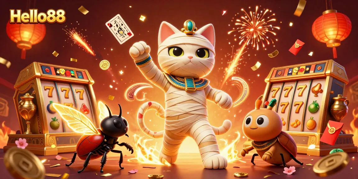 Win big with Hello88 at an animated pyramid casino featuring a mummy cat and golden scarab.