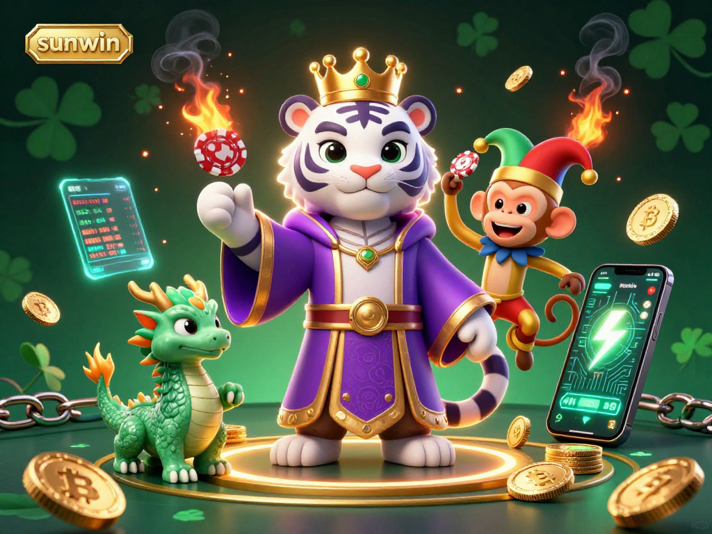 Engage with sunwin as a playful golden monkey juggles poker chips in a vibrant casino scene.