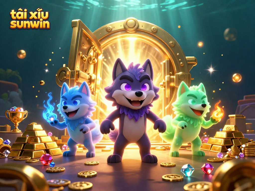 Tài xỉu sunwin showcases a vibrant 3D illustration of mystical wolves and treasures in a casino scene.