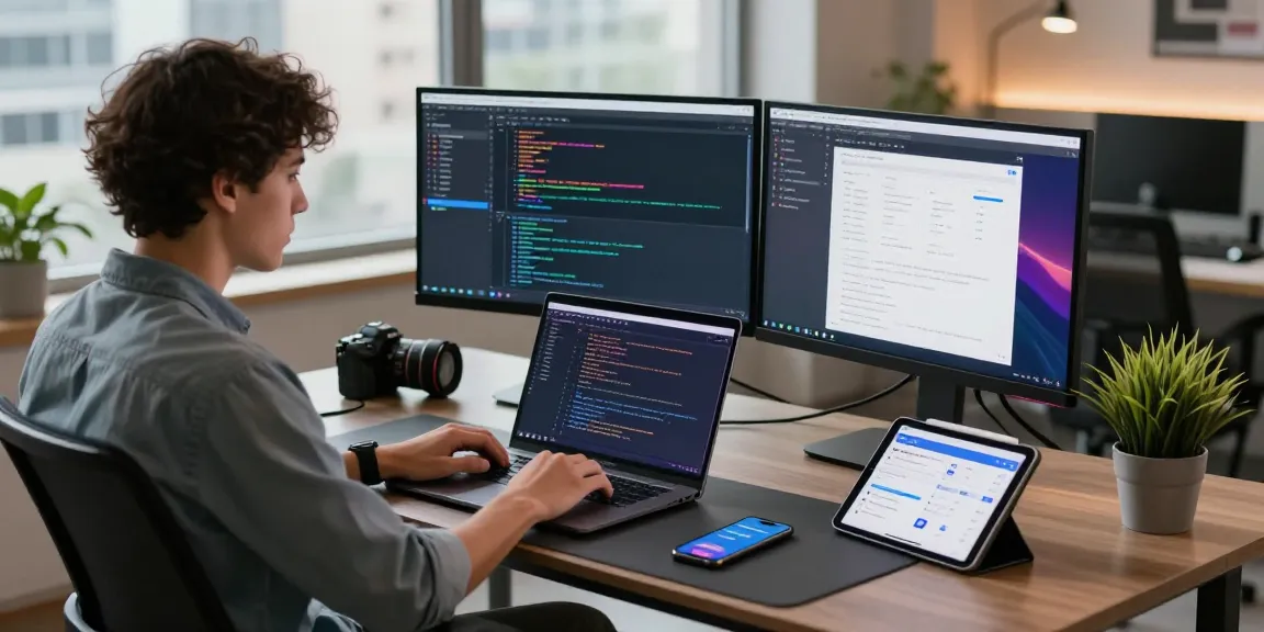 Webdevelopment in een moderne werkruimte met een ontwikkelaar die aan het coderen is op een laptop met meerdere monitoren.