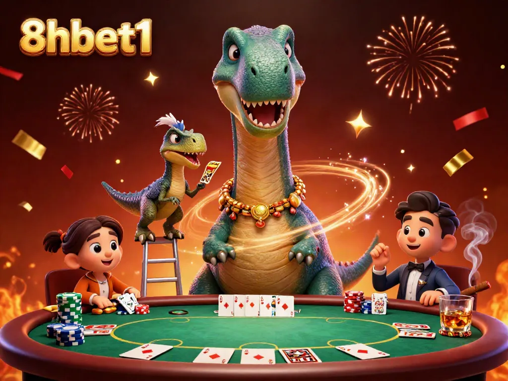 Experience vibrant strategy with 8xbet1 gaming action featuring playful characters at a poker table.