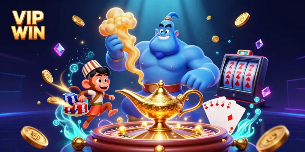 Experience thrilling gameplay with VIP WIN showcasing a genie, poker chips, and a roulette wheel.