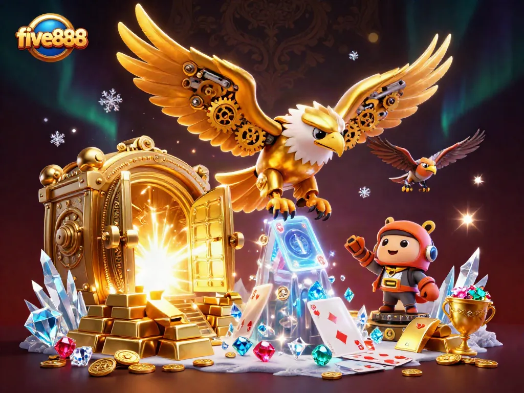 Experience five888 with a vibrant scene of a golden eagle soaring through a cascade of playing cards and treasures.