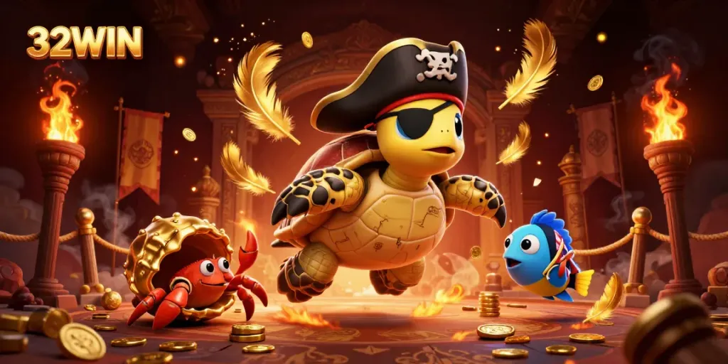 32WIN logo showcases a vibrant casino scene with pirate turtle and treasure, emphasizing high-stakes gaming excitement.