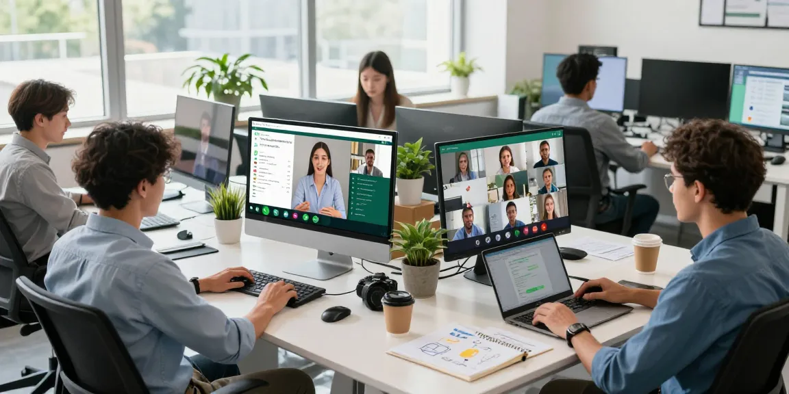 Team collaborating using WhatsApp電腦版 in a modern workspace with desktop and laptop setups.