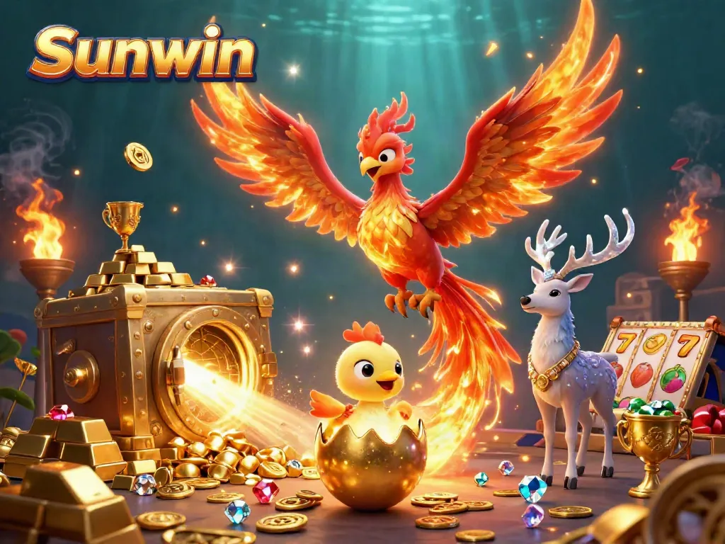 Experience the vivid world of Sunwin casino with a blazing phoenix and slot game elements.