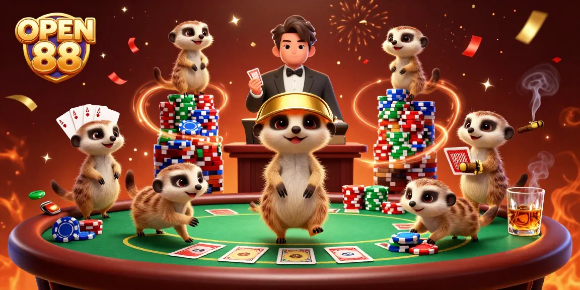 Experience the excitement of OPEN 88 casino with meerkats running a vibrant gaming scene.