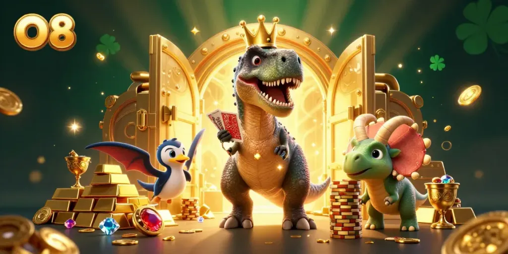Engaging O8-themed 3D casino scene showcasing cartoon dinosaur characters in a vibrant game environment.