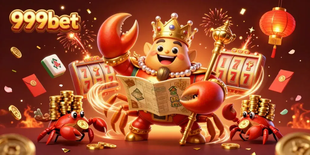 Experience the thrill of jackpot winning at 999bet with a dynamic casino scene featuring a golden crab emperor.