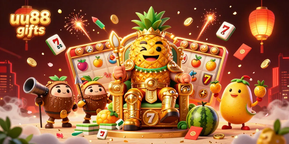 Experience the excitement of uu88 gifts with a golden pineapple king and lively casino elements around them.
